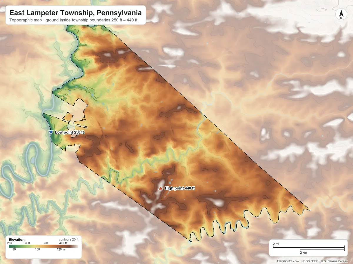 Topographic elevation map of East Lampeter Township, Pennsylvania, shaded from 250 ft on the west side to 440 ft on the southeast side