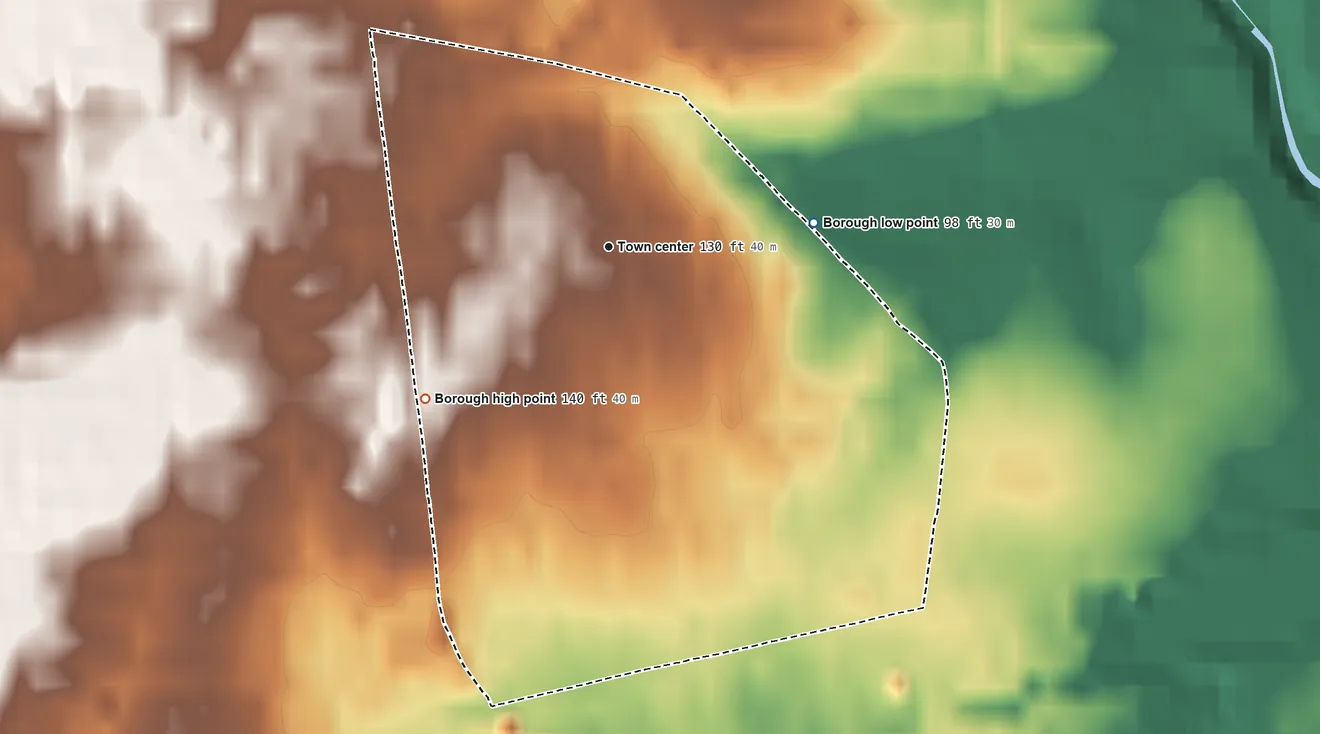 Topographic elevation map of East Lansdowne, Pennsylvania, shaded from 98 ft on the east side to 140 ft on the southwest side