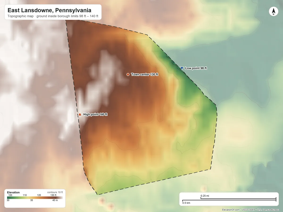 Topographic elevation map of East Lansdowne, Pennsylvania, shaded from 98 ft on the east side to 140 ft on the southwest side