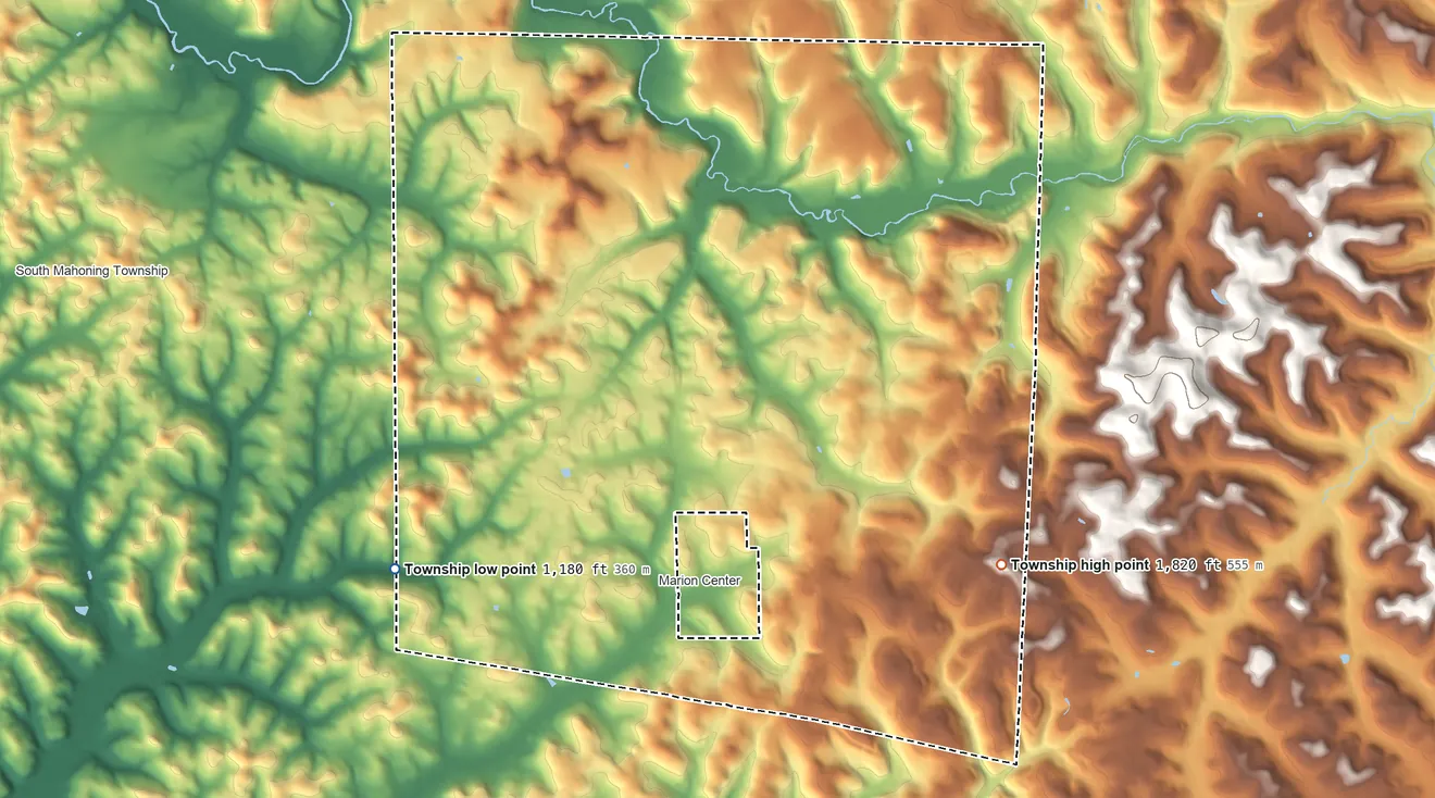 Topographic elevation map of East Mahoning Township, Pennsylvania, shaded from 1,180 ft on the southwest side to 1,820 ft on the southeast side
