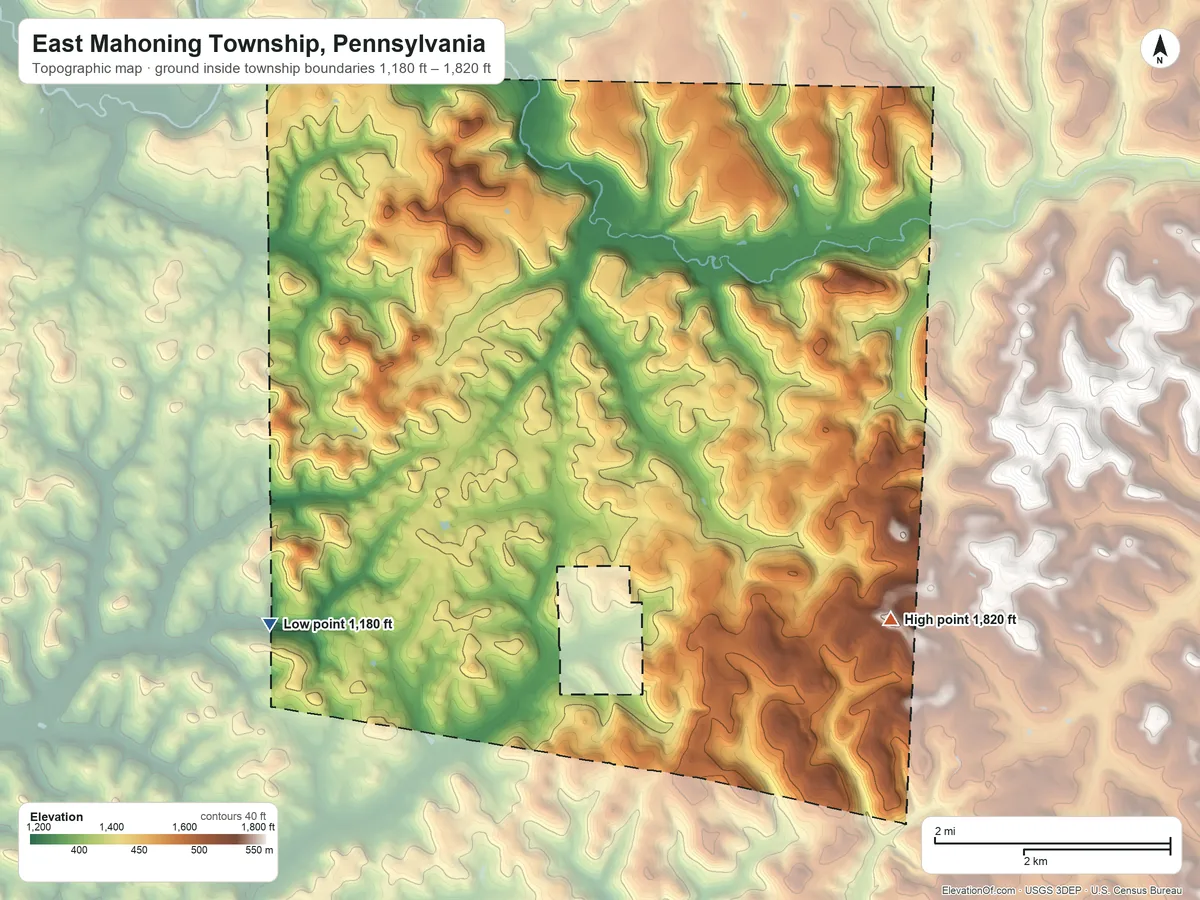 Topographic elevation map of East Mahoning Township, Pennsylvania, shaded from 1,180 ft on the southwest side to 1,820 ft on the southeast side