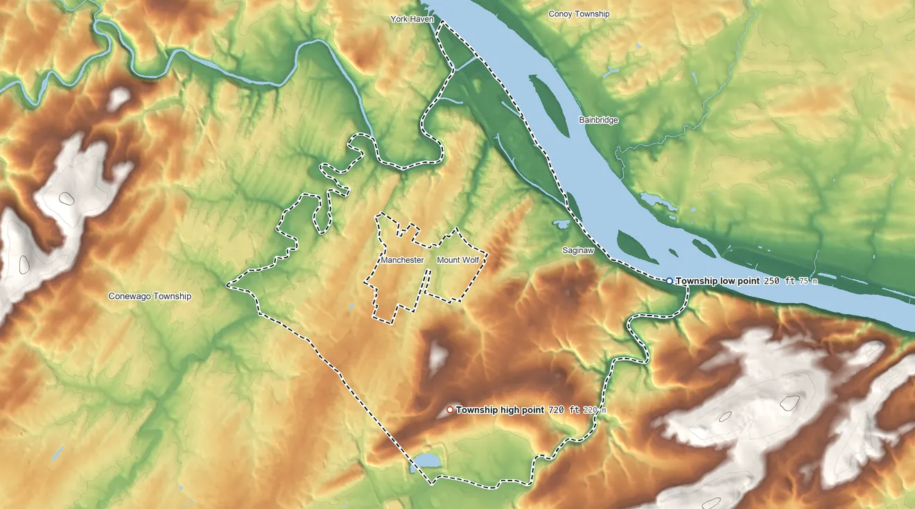 Topographic elevation map of East Manchester Township, Pennsylvania, shaded from 250 ft on the east side to 720 ft on the southwest side