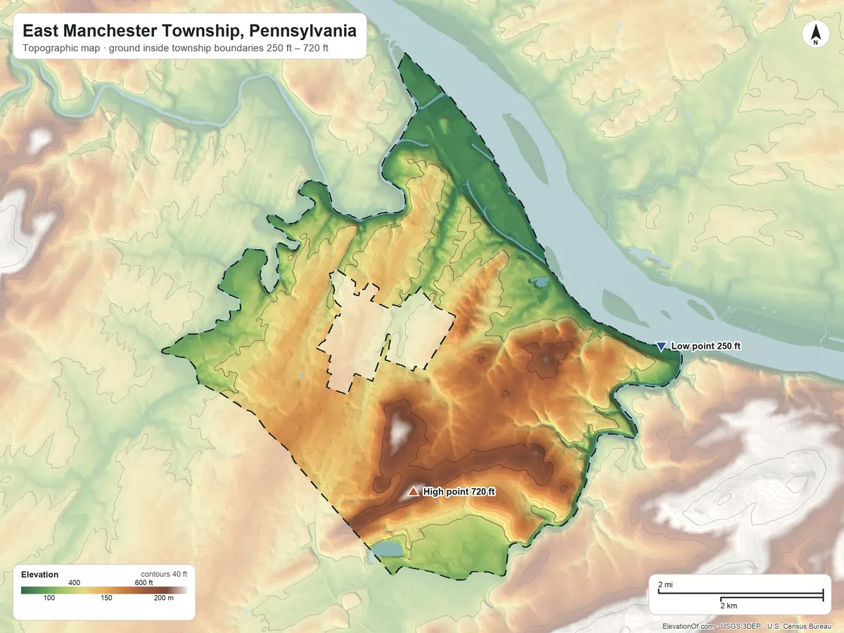 Topographic elevation map of East Manchester Township, Pennsylvania, shaded from 250 ft on the east side to 720 ft on the southwest side