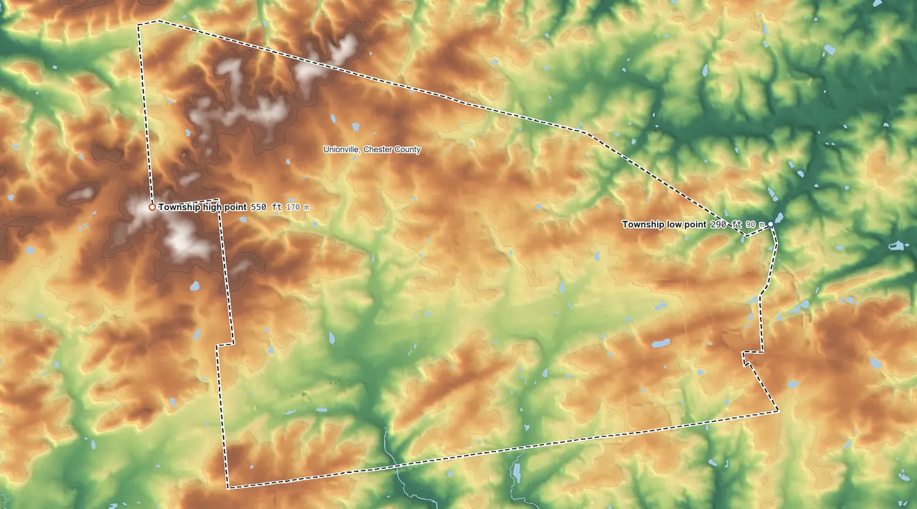 Topographic elevation map of East Marlborough Township, Pennsylvania, shaded from 290 ft on the east side to 550 ft on the west side