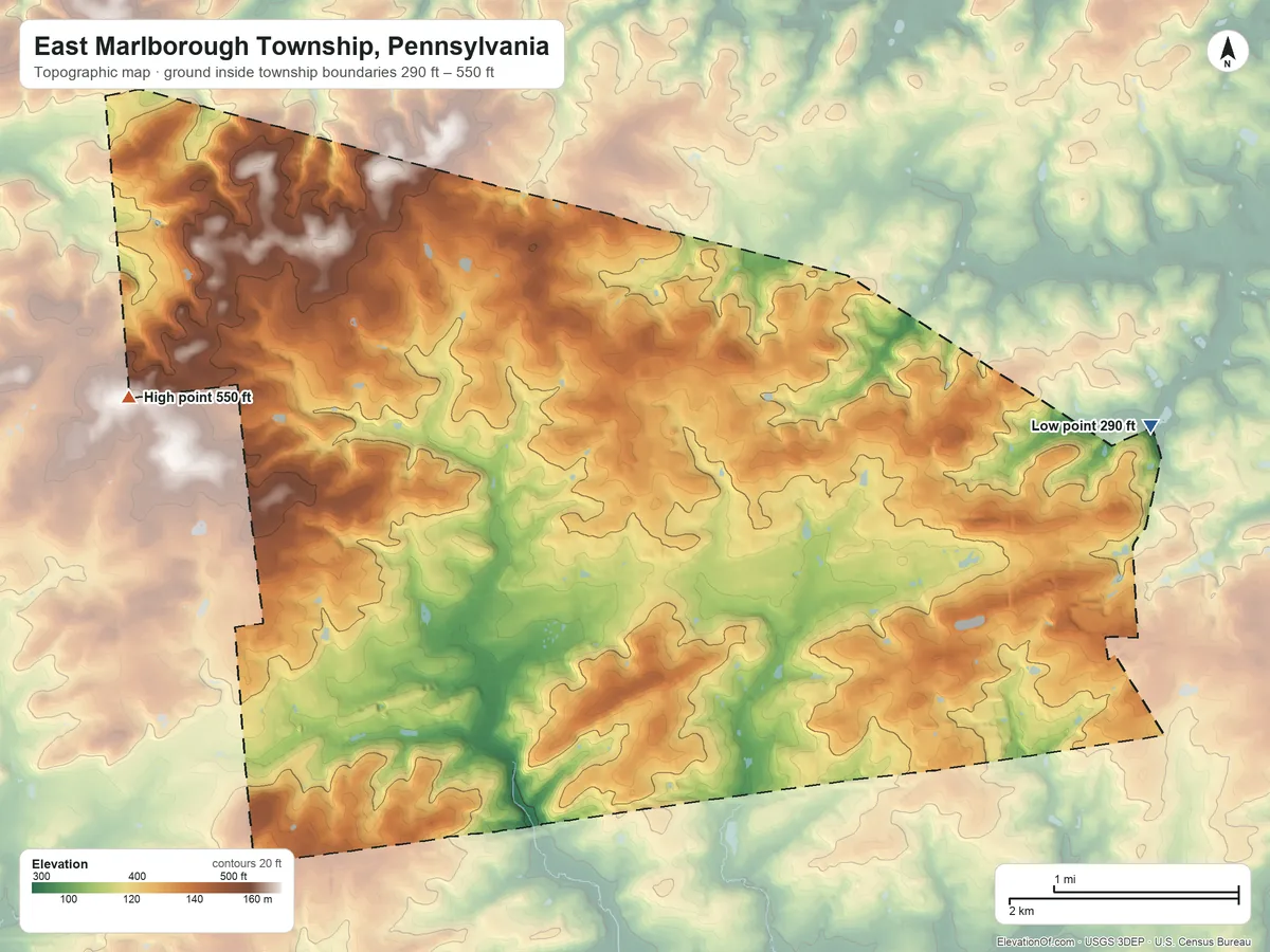 Topographic elevation map of East Marlborough Township, Pennsylvania, shaded from 290 ft on the east side to 550 ft on the west side