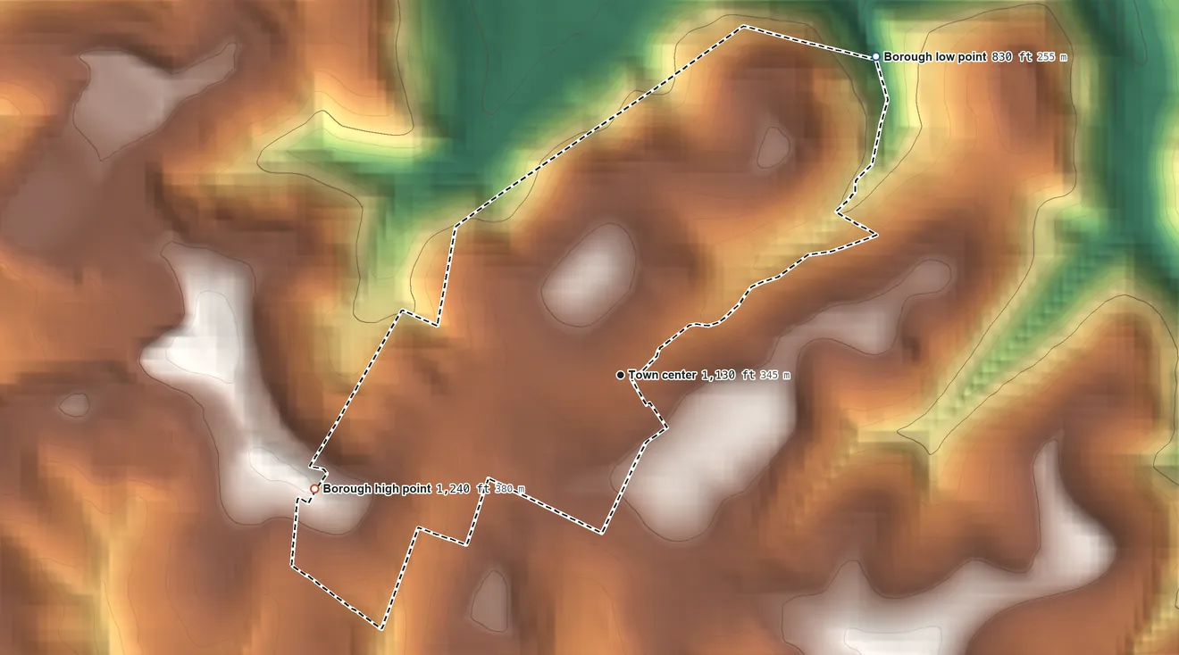 Topographic elevation map of East McKeesport, Pennsylvania, shaded from 830 ft on the northeast side to 1,240 ft on the west side