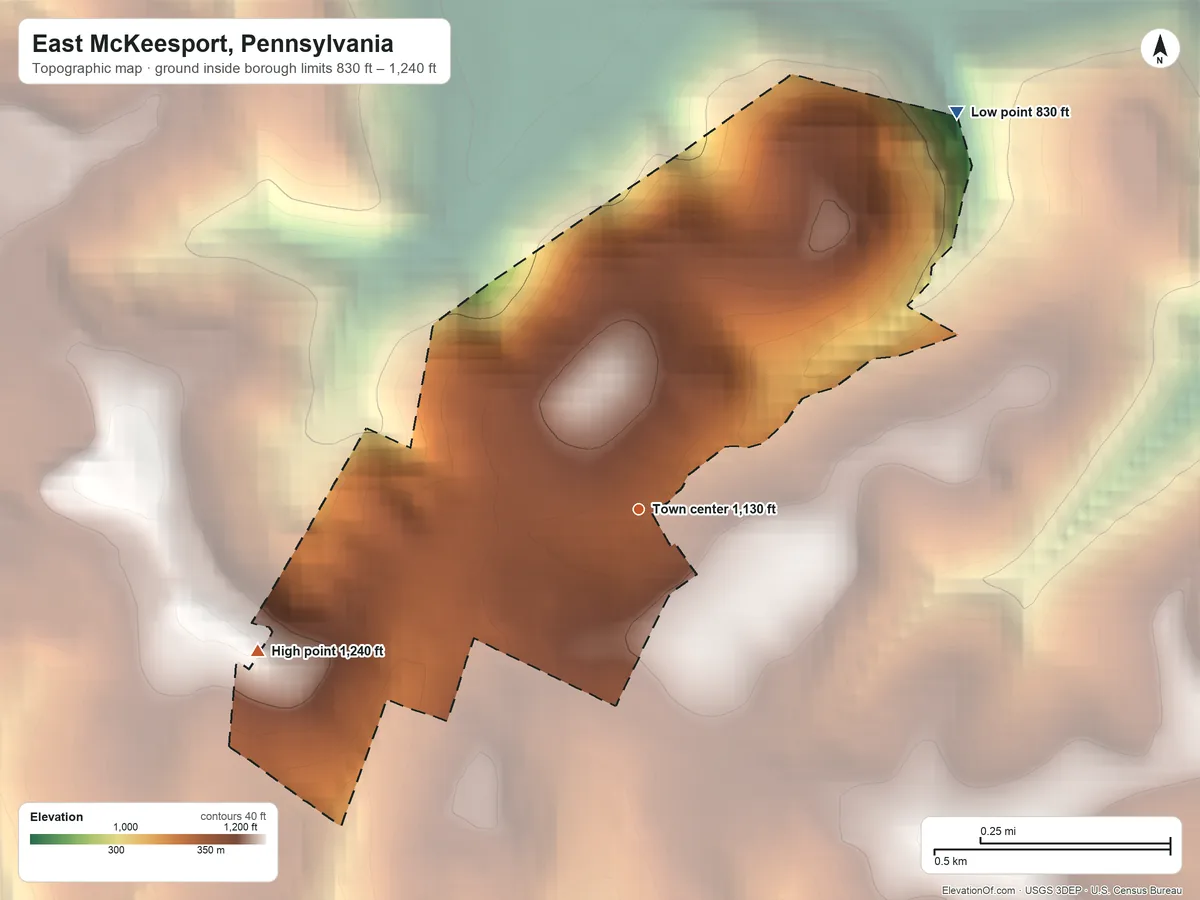 Topographic elevation map of East McKeesport, Pennsylvania, shaded from 830 ft on the northeast side to 1,240 ft on the west side