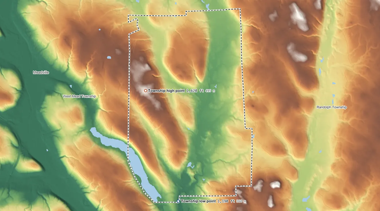 Topographic elevation map of East Mead Township, Pennsylvania, shaded from 1,190 ft on the south side to 1,620 ft on the northwest side