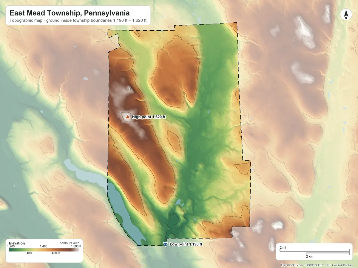 Topographic elevation map of East Mead Township, Pennsylvania, shaded from 1,190 ft on the south side to 1,620 ft on the northwest side
