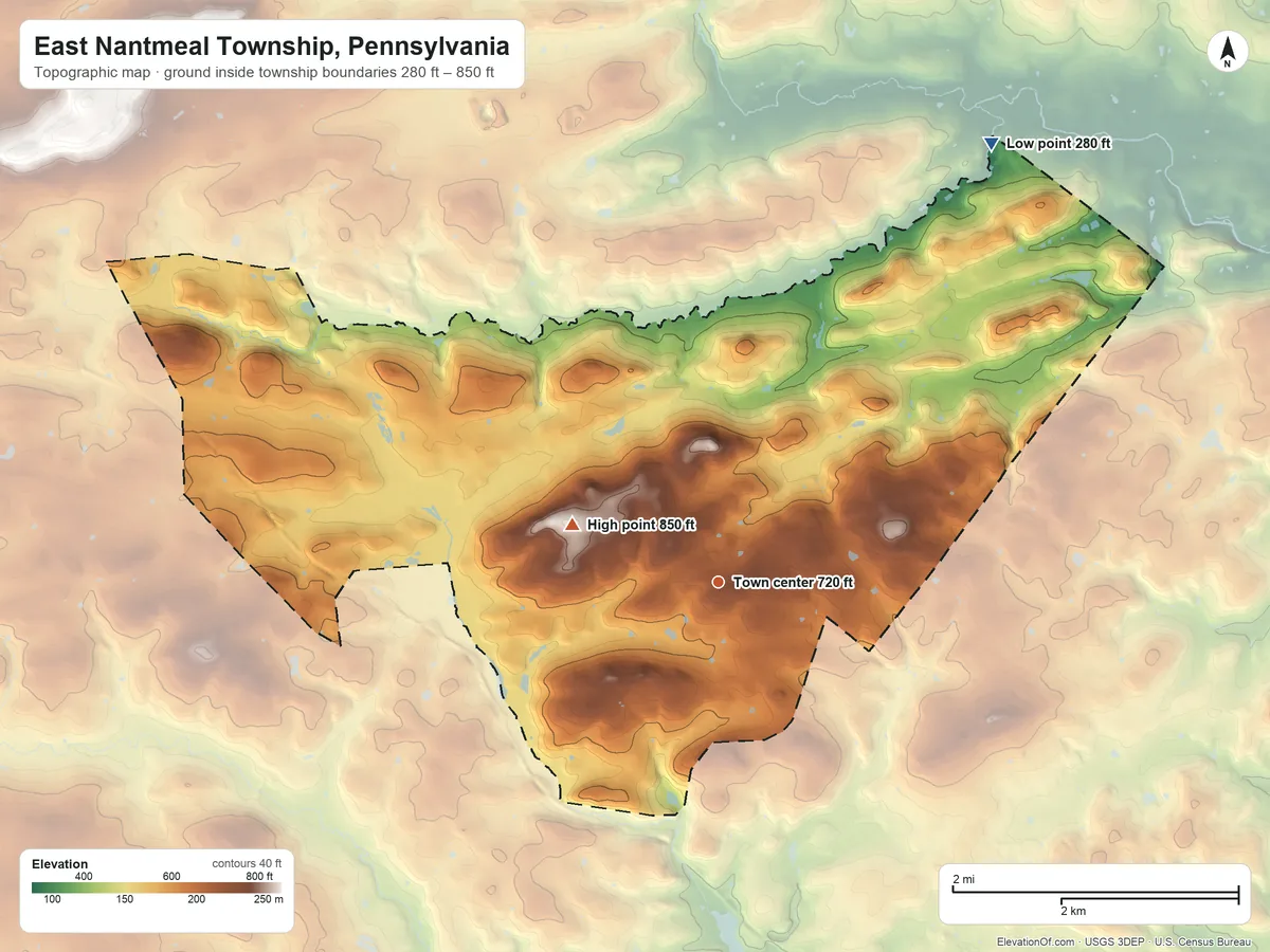 Topographic elevation map of East Nantmeal Township, Pennsylvania, shaded from 280 ft on the northeast side to 850 ft on the west side
