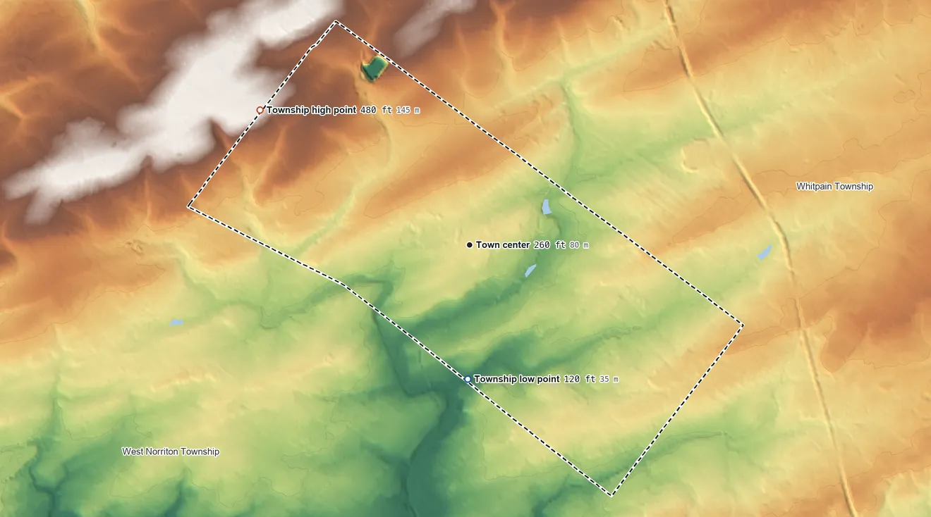 Topographic elevation map of East Norriton Township, Pennsylvania, shaded from 120 ft on the south side to 480 ft on the northwest side
