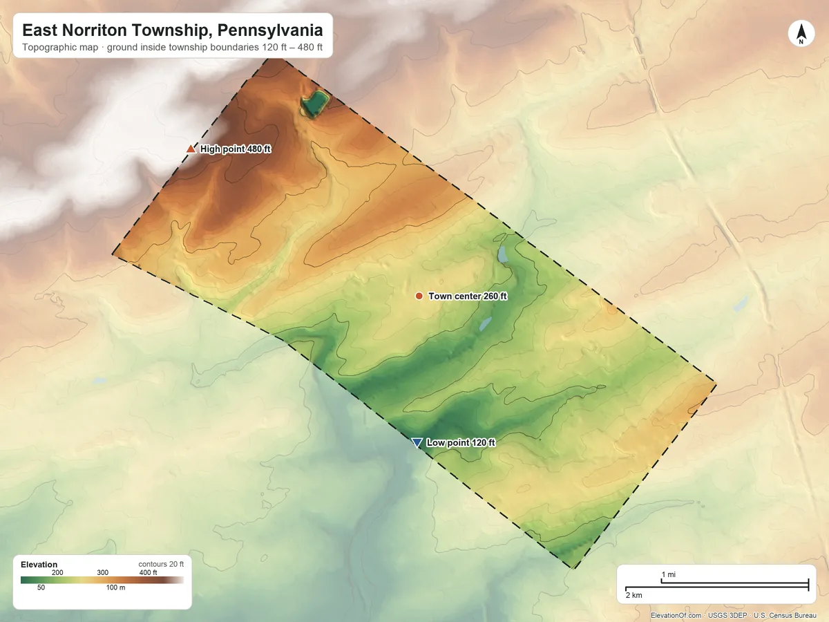 Topographic elevation map of East Norriton Township, Pennsylvania, shaded from 120 ft on the south side to 480 ft on the northwest side