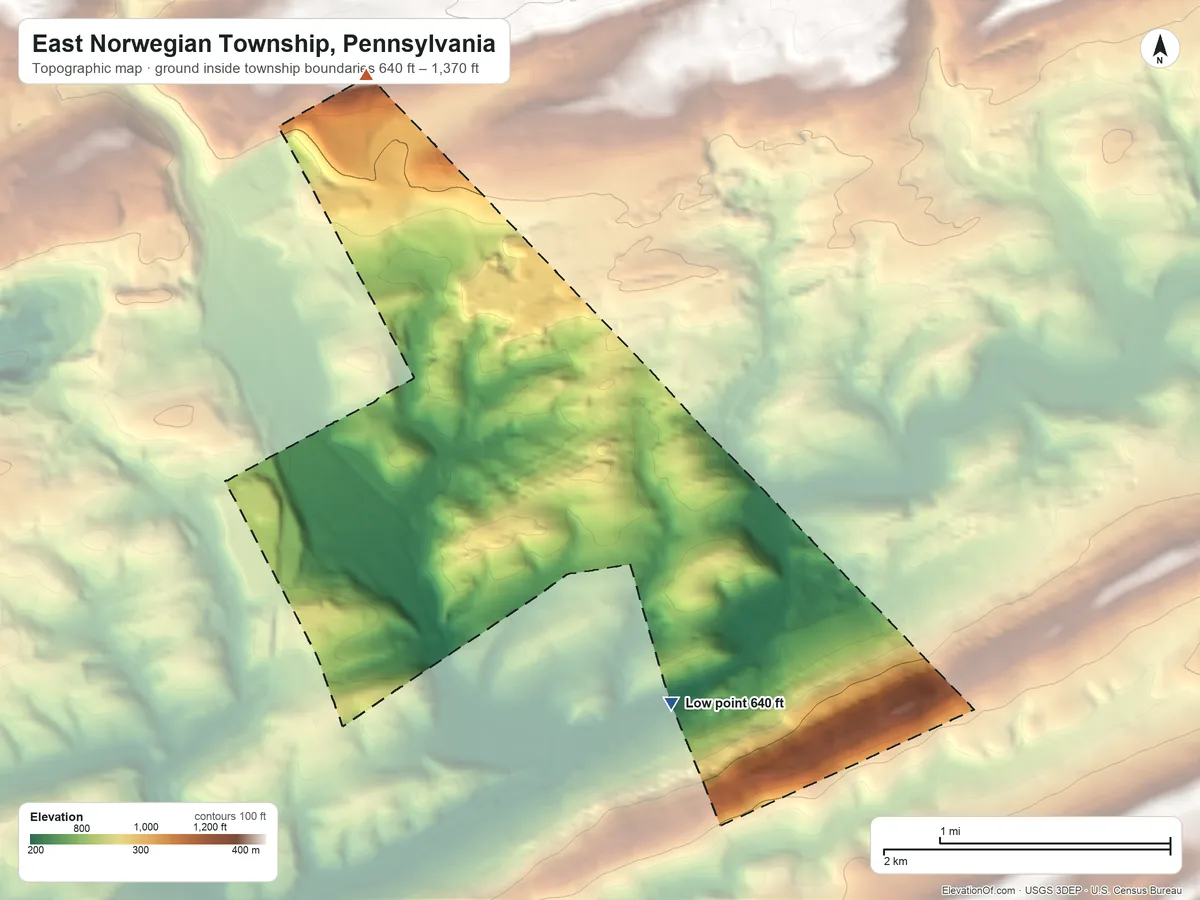 Topographic elevation map of East Norwegian Township, Pennsylvania, shaded from 640 ft on the southeast side to 1,370 ft on the north side