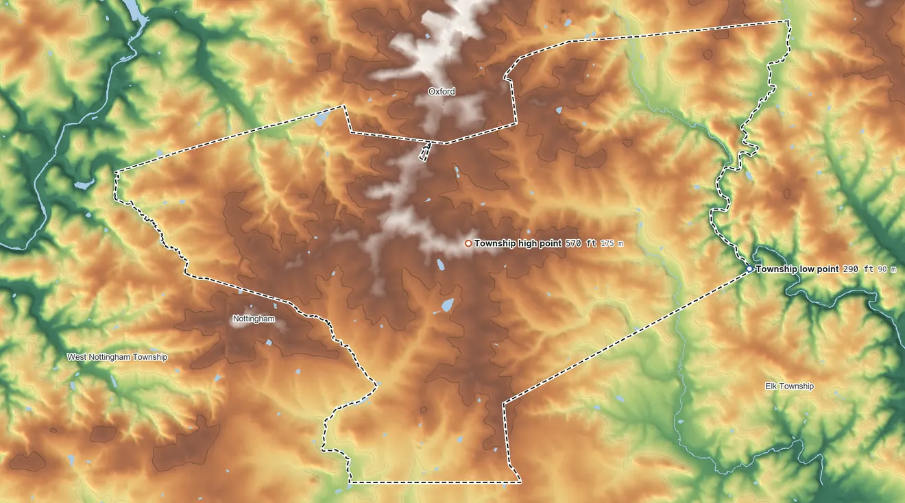 Topographic elevation map of East Nottingham Township, Pennsylvania, shaded from 290 ft on the east side to 570 ft near the middle