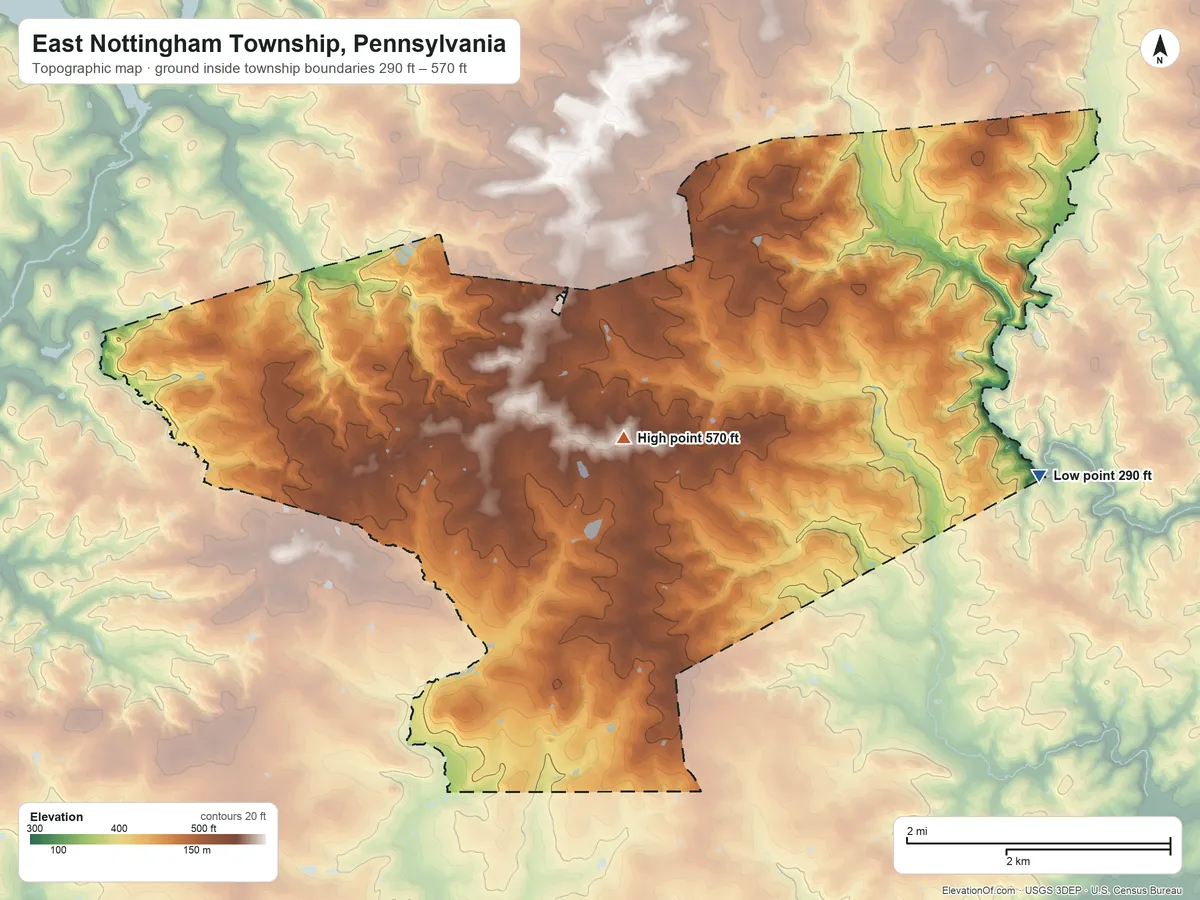 Topographic elevation map of East Nottingham Township, Pennsylvania, shaded from 290 ft on the east side to 570 ft near the middle