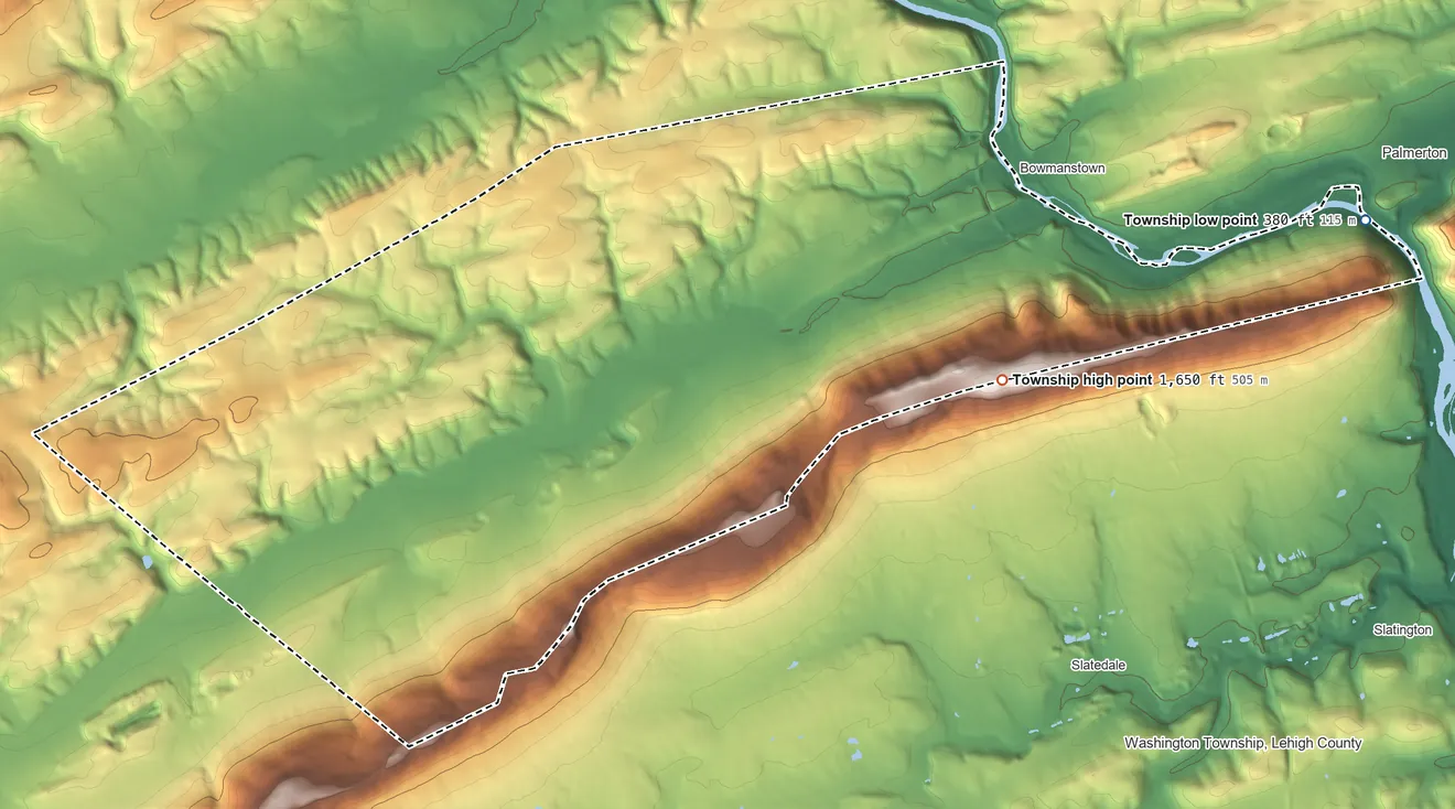 Topographic elevation map of East Penn Township, Pennsylvania, shaded from 380 ft on the east side to 1,650 ft on the east side