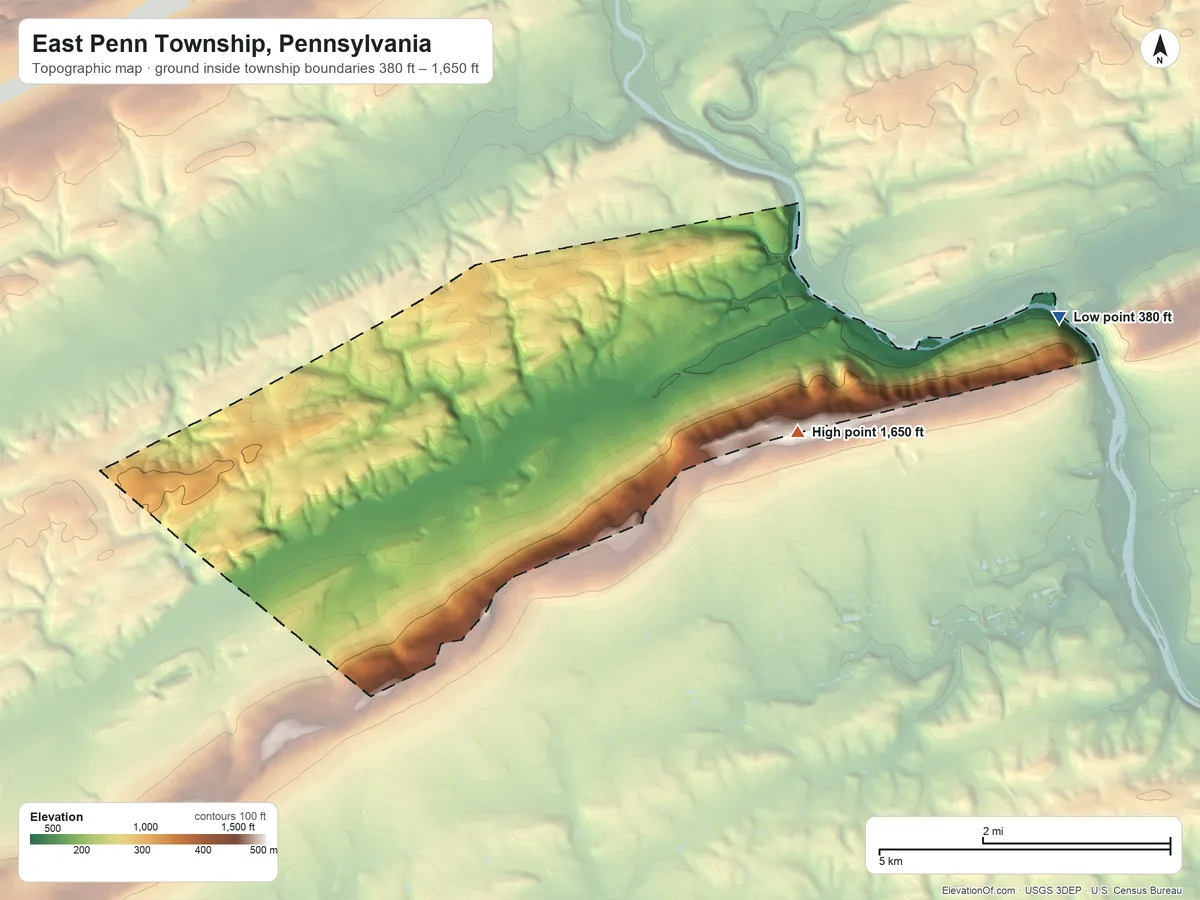 Topographic elevation map of East Penn Township, Pennsylvania, shaded from 380 ft on the east side to 1,650 ft on the east side