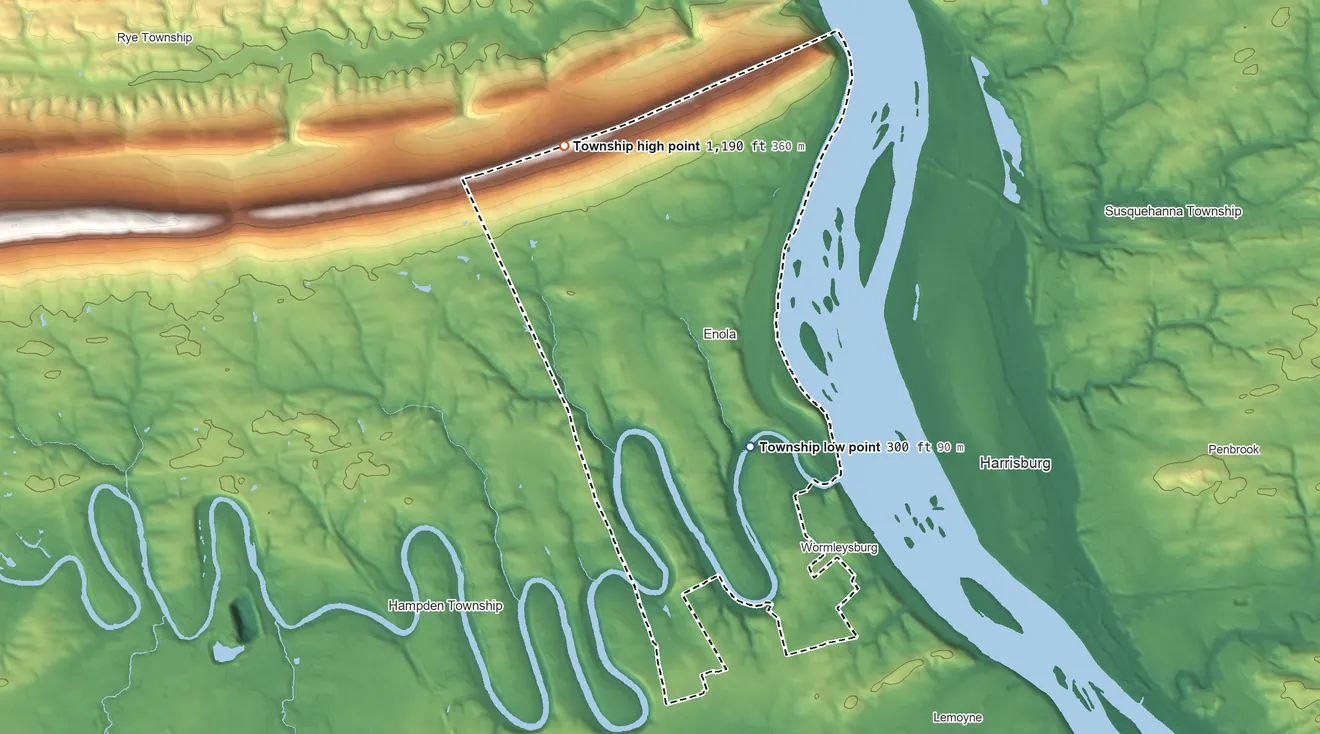 Topographic elevation map of East Pennsboro Township, Pennsylvania, shaded from 300 ft near the middle to 1,190 ft on the northwest side