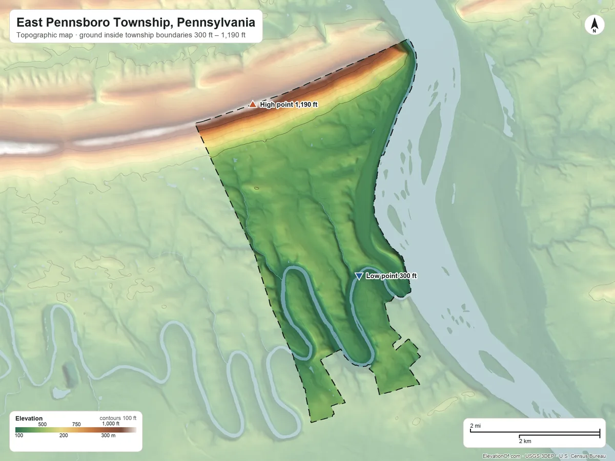 Topographic elevation map of East Pennsboro Township, Pennsylvania, shaded from 300 ft near the middle to 1,190 ft on the northwest side