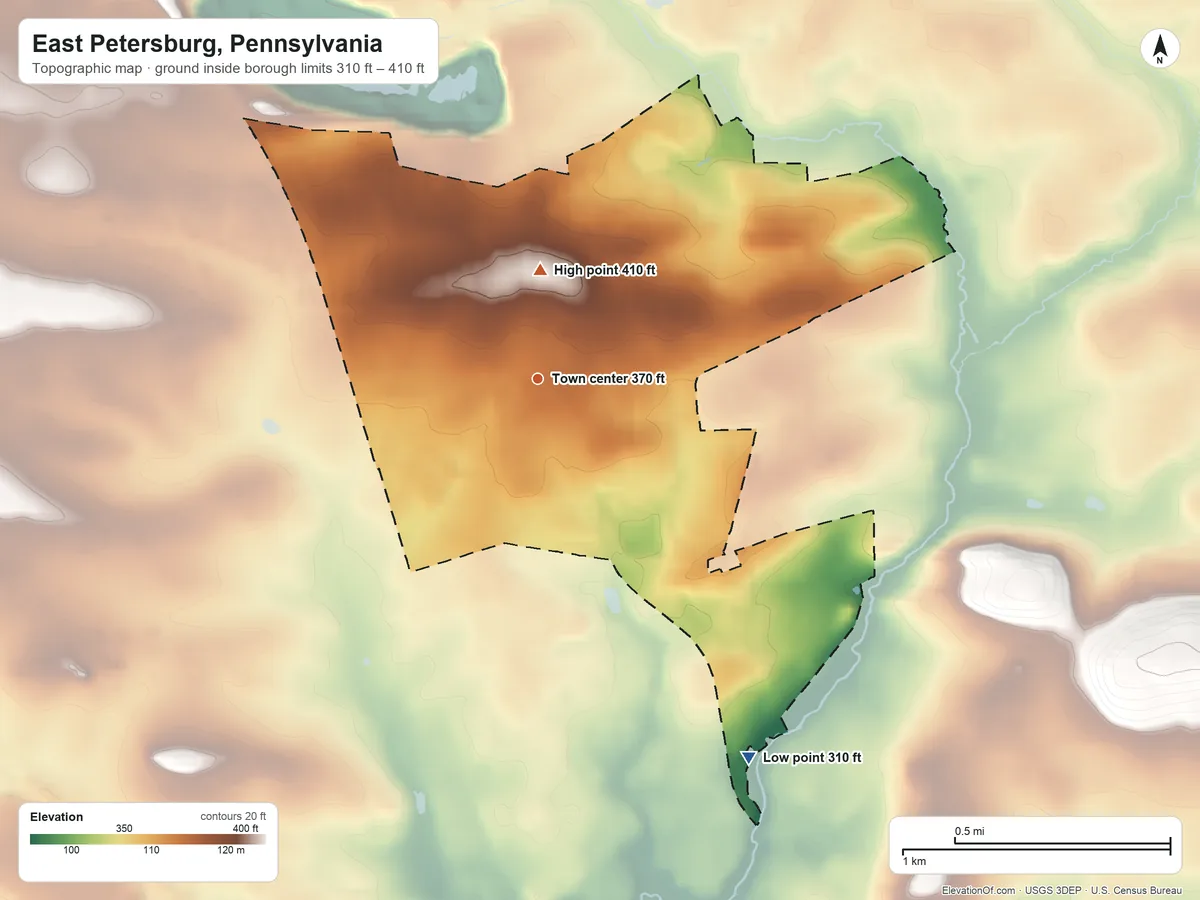 Topographic elevation map of East Petersburg, Pennsylvania, shaded from 310 ft on the southeast side to 410 ft on the north side