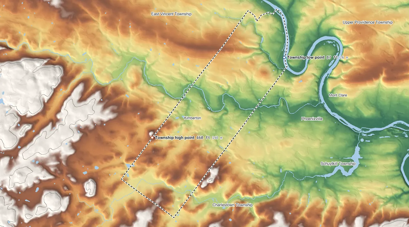 Topographic elevation map of East Pikeland Township, Pennsylvania, shaded from 87 ft on the northeast side to 460 ft on the west side