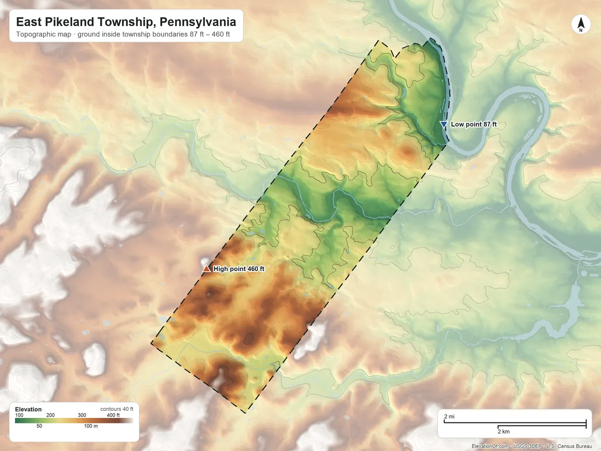 Topographic elevation map of East Pikeland Township, Pennsylvania, shaded from 87 ft on the northeast side to 460 ft on the west side