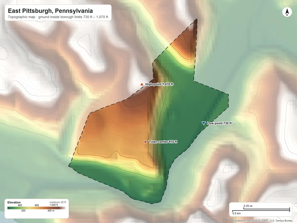 Topographic elevation map of East Pittsburgh, Pennsylvania, shaded from 730 ft on the east side to 1,070 ft on the north side