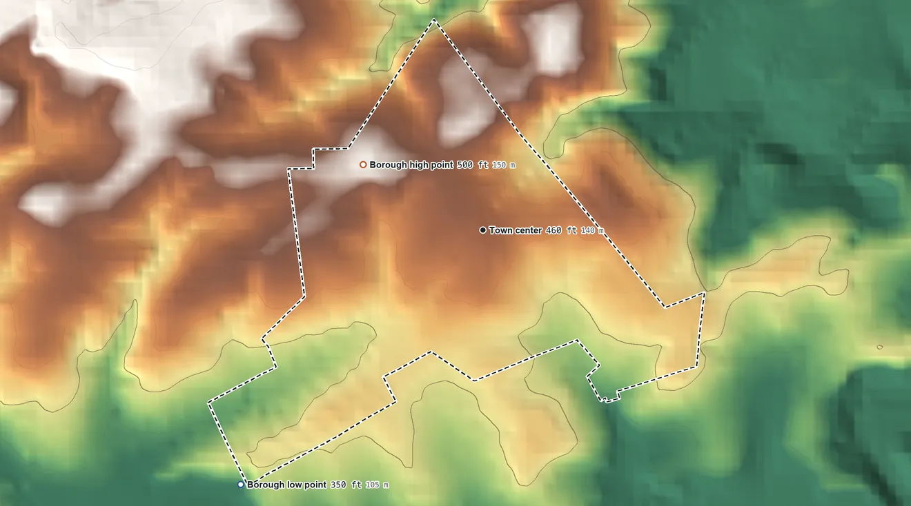 Topographic elevation map of East Prospect, Pennsylvania, shaded from 350 ft on the southwest side to 500 ft on the northwest side