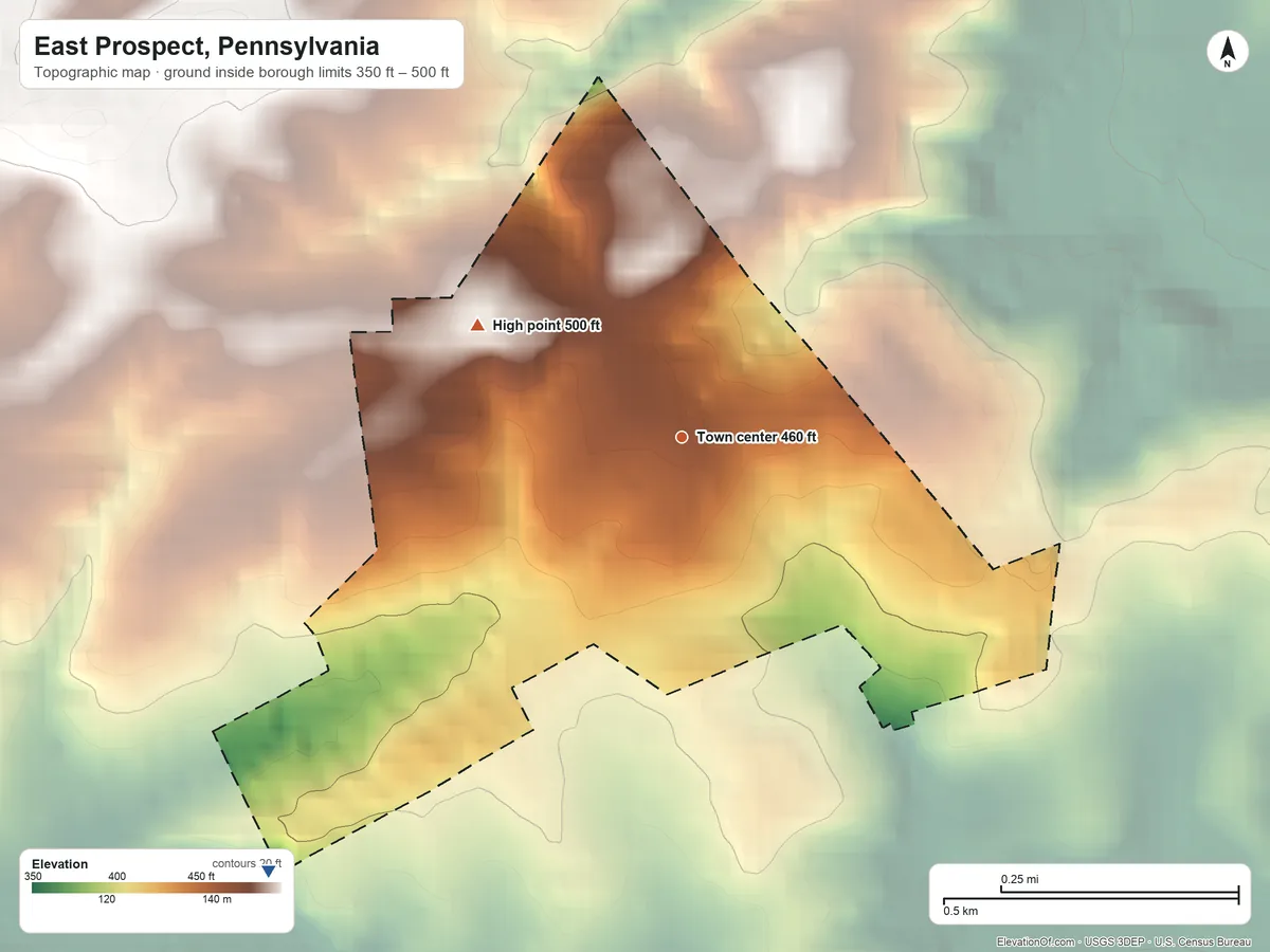 Topographic elevation map of East Prospect, Pennsylvania, shaded from 350 ft on the southwest side to 500 ft on the northwest side