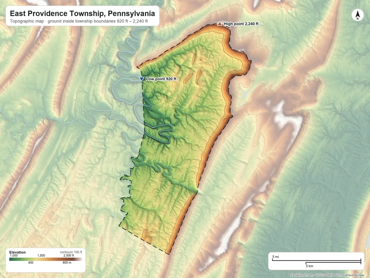 Topographic elevation map of East Providence Township, Pennsylvania, shaded from 920 ft on the northwest side to 2,240 ft on Harbor Mountain