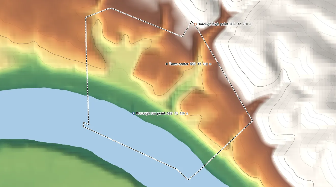 Topographic elevation map of East Rochester, Pennsylvania, shaded from 690 ft on the southwest side to 930 ft on the northeast side