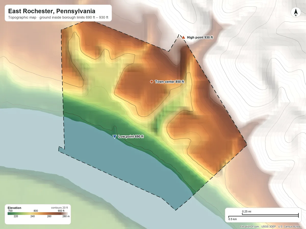 Topographic elevation map of East Rochester, Pennsylvania, shaded from 690 ft on the southwest side to 930 ft on the northeast side