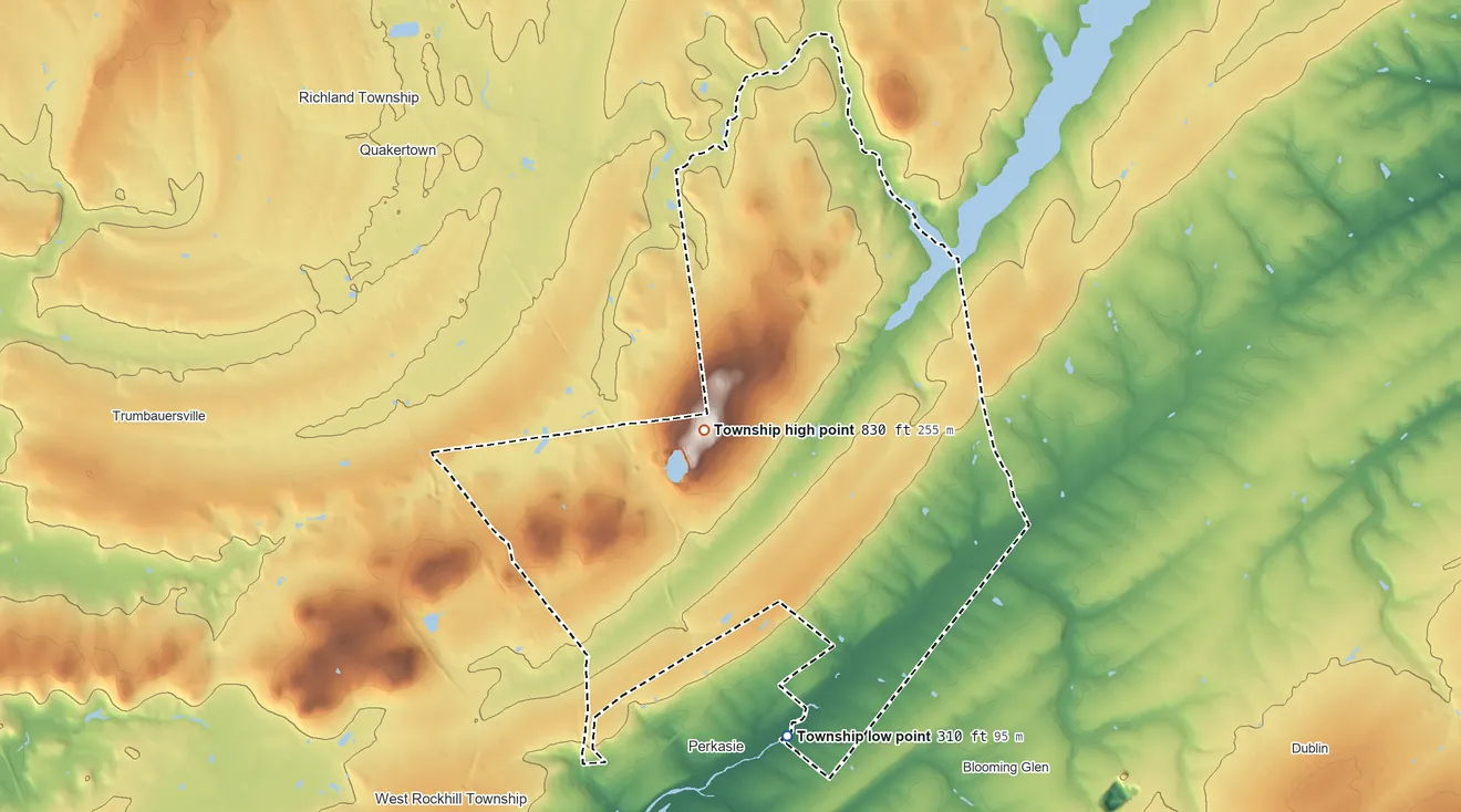 Topographic elevation map of East Rockhill Township, Pennsylvania, shaded from 310 ft on the south side to 830 ft on Rock Hill