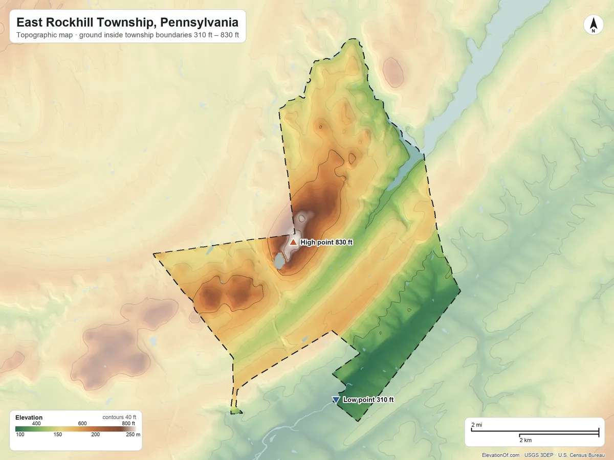 Topographic elevation map of East Rockhill Township, Pennsylvania, shaded from 310 ft on the south side to 830 ft on Rock Hill