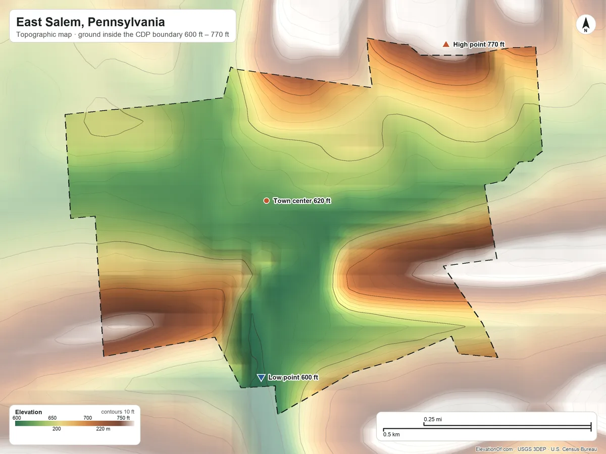 Topographic elevation map of East Salem, Pennsylvania, shaded from 600 ft on the south side to 770 ft on the northeast side
