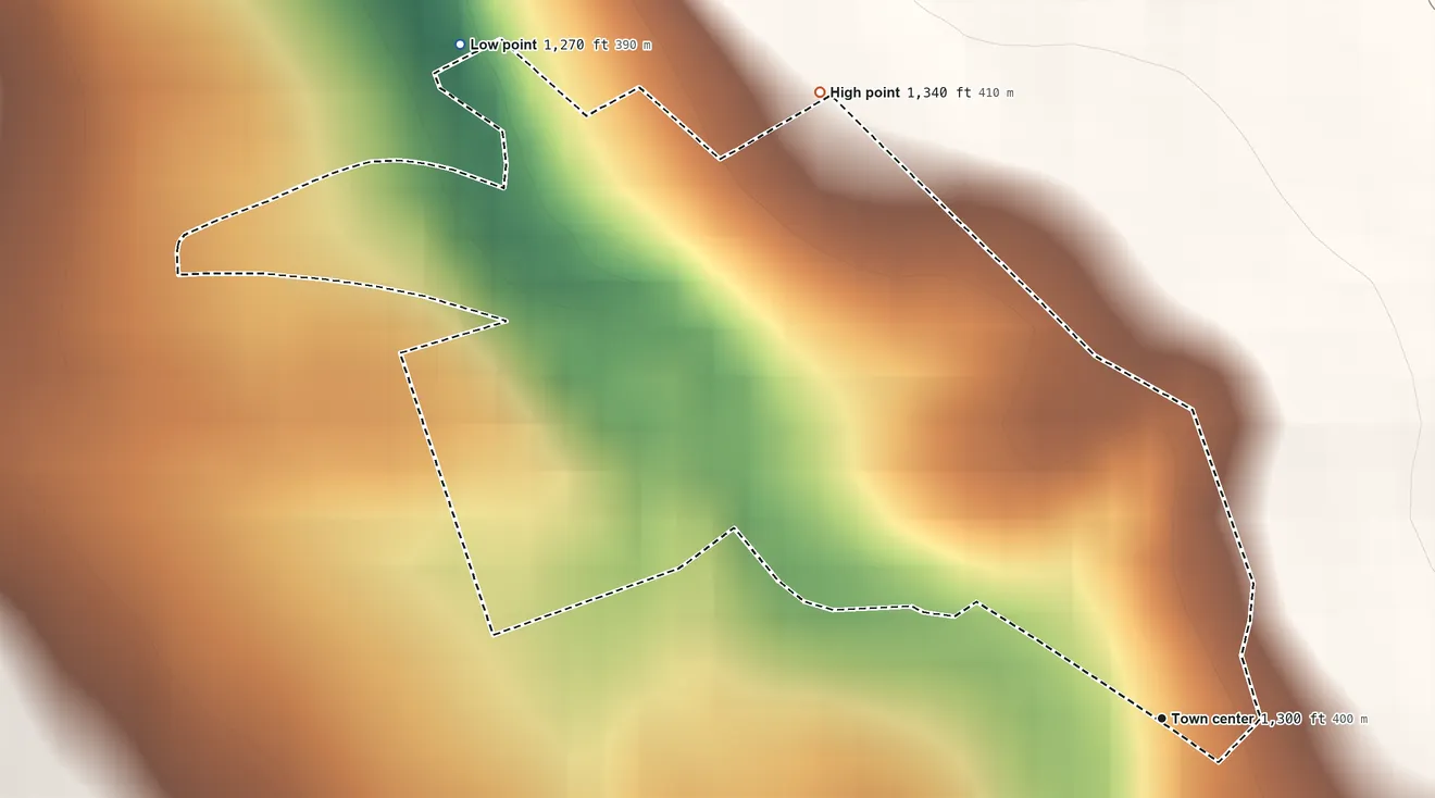 Topographic elevation map of East Sharpsburg, Pennsylvania, shaded from 1,270 ft on the northwest side to 1,340 ft at the foot of the Tussey Mountain
