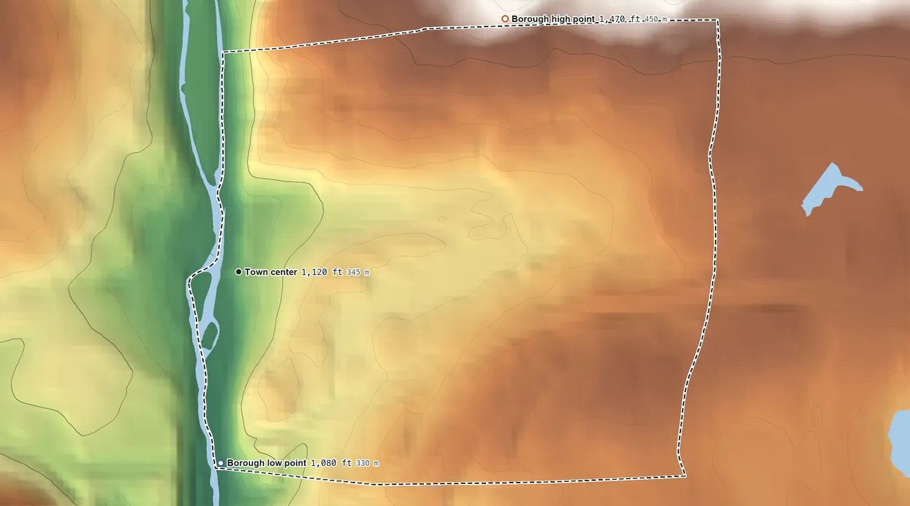Topographic elevation map of East Side, Pennsylvania, shaded from 1,080 ft on the south side to 1,470 ft on the northeast side