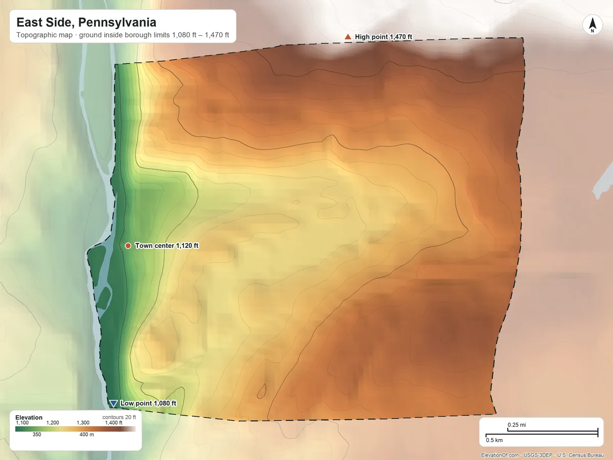 Topographic elevation map of East Side, Pennsylvania, shaded from 1,080 ft on the south side to 1,470 ft on the northeast side