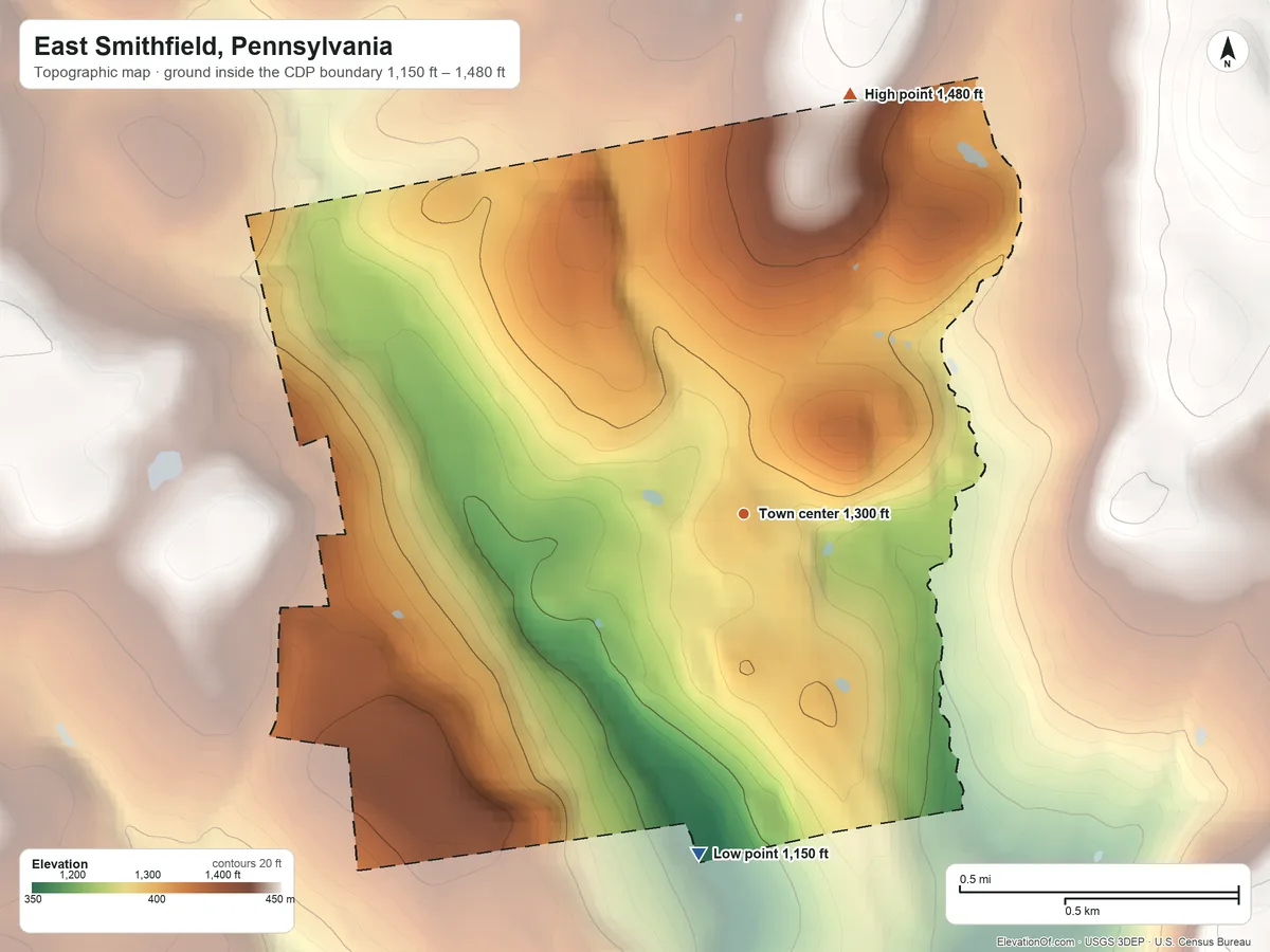 Topographic elevation map of East Smithfield, Pennsylvania, shaded from 1,150 ft on the south side to 1,480 ft on the north side