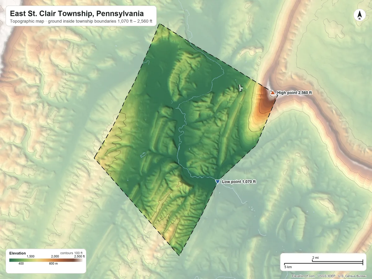 Topographic elevation map of East St. Clair Township, Pennsylvania, shaded from 1,070 ft on the southeast side to 2,560 ft on the northeast side
