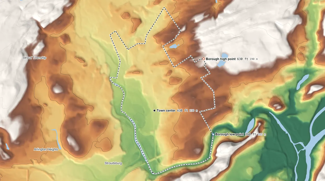 Topographic elevation map of East Stroudsburg, Pennsylvania, shaded from 340 ft on the east side to 630 ft on the northeast side
