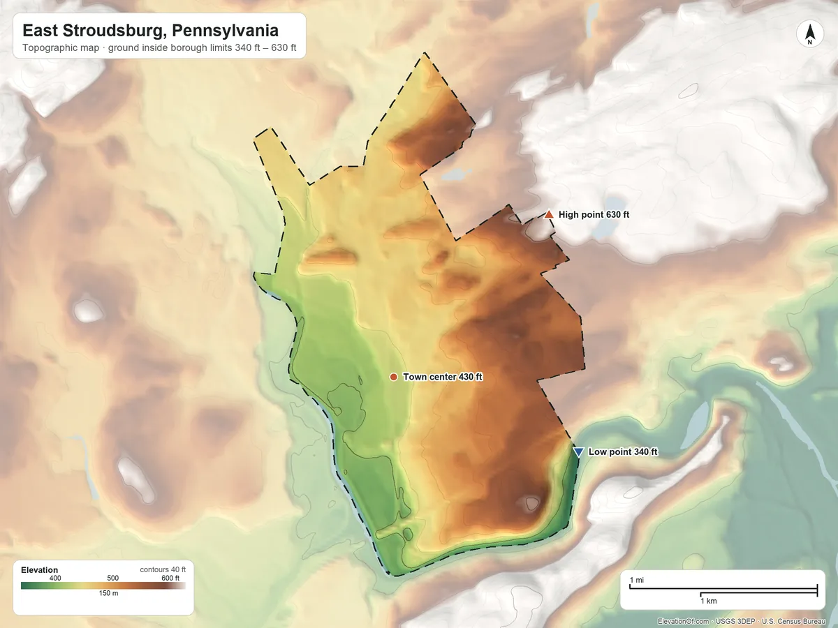 Topographic elevation map of East Stroudsburg, Pennsylvania, shaded from 340 ft on the east side to 630 ft on the northeast side