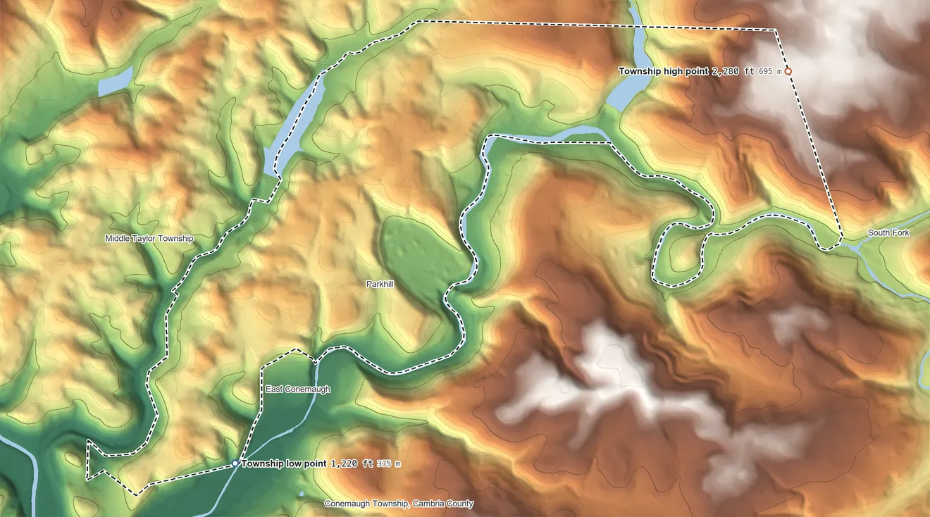 Topographic elevation map of East Taylor Township, Pennsylvania, shaded from 1,220 ft on the southwest side to 2,280 ft on the east side
