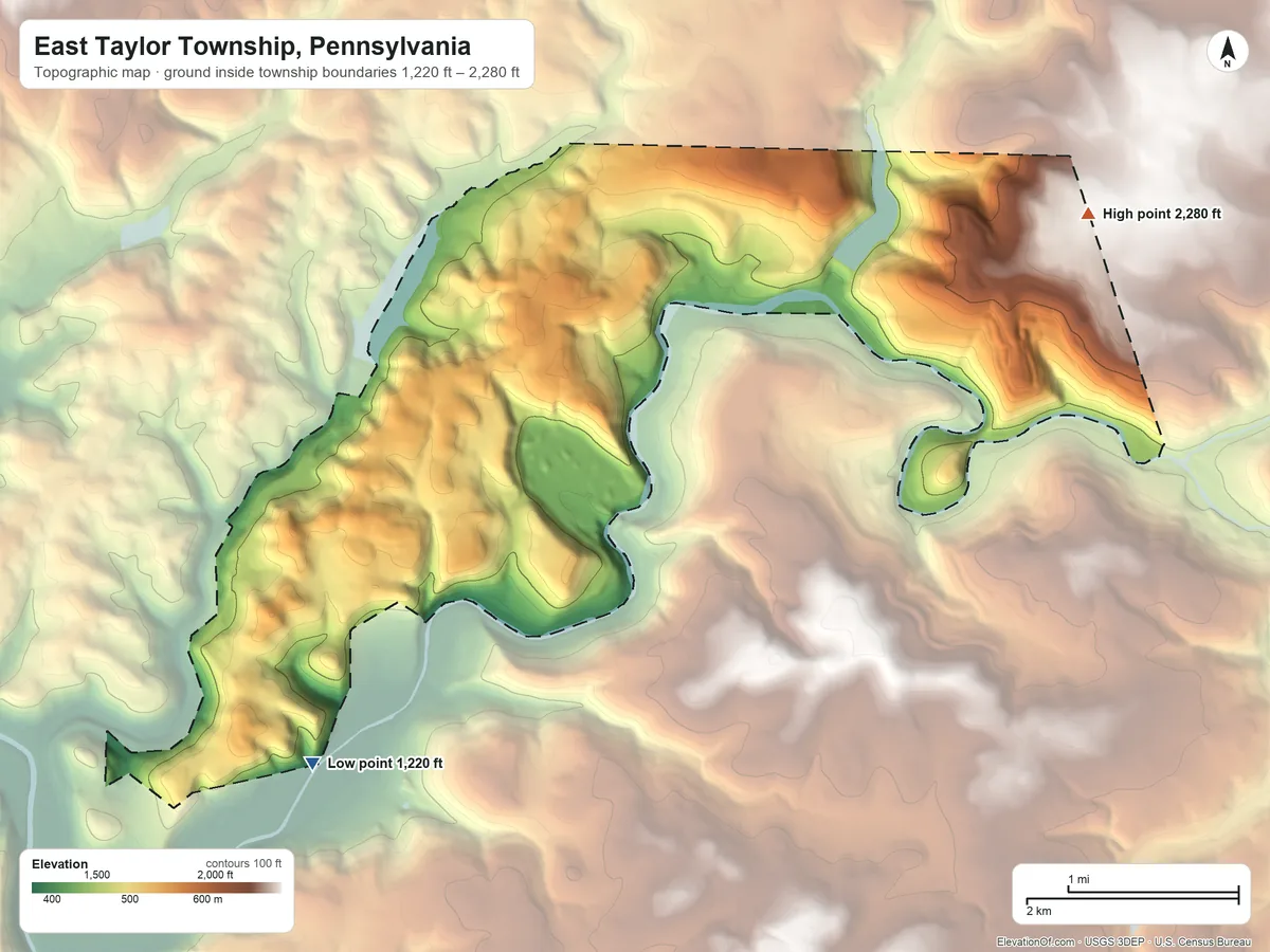 Topographic elevation map of East Taylor Township, Pennsylvania, shaded from 1,220 ft on the southwest side to 2,280 ft on the east side