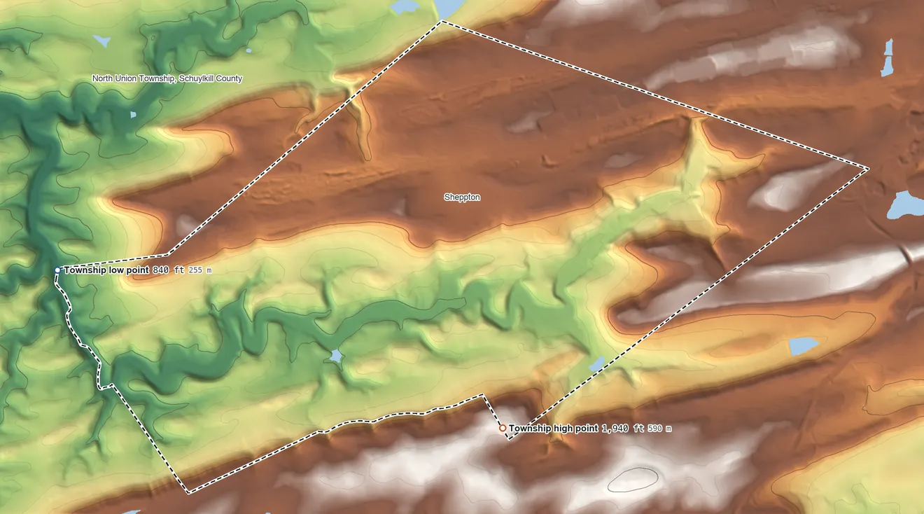 Topographic elevation map of East Union Township, Pennsylvania, shaded from 840 ft on the west side to 1,940 ft on the south side