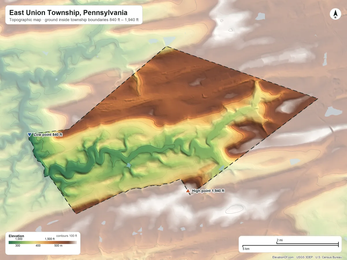 Topographic elevation map of East Union Township, Pennsylvania, shaded from 840 ft on the west side to 1,940 ft on the south side