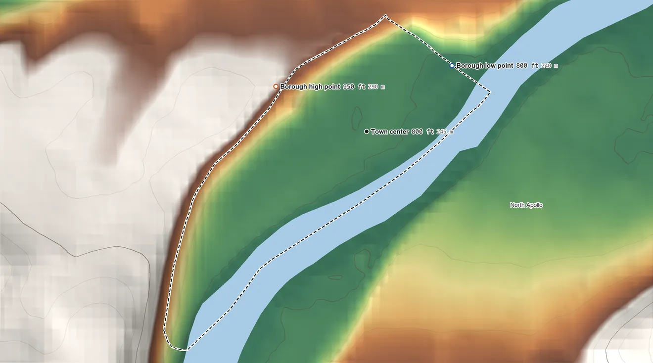 Topographic elevation map of East Vandergrift, Pennsylvania, shaded from 800 ft on the northeast side to 950 ft on the northwest edge, below higher ground just outside