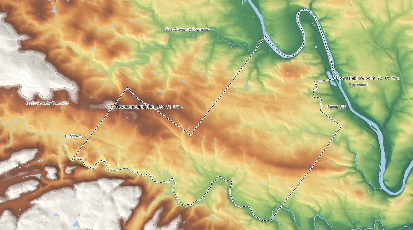 Topographic elevation map of East Vincent Township, Pennsylvania, shaded from 92 ft on the northeast side to 500 ft on the west side