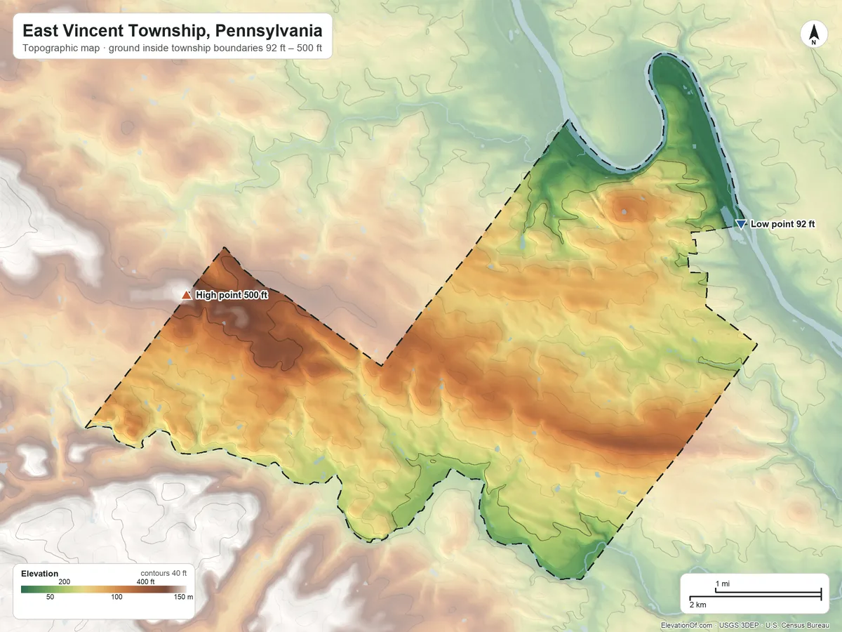 Topographic elevation map of East Vincent Township, Pennsylvania, shaded from 92 ft on the northeast side to 500 ft on the west side