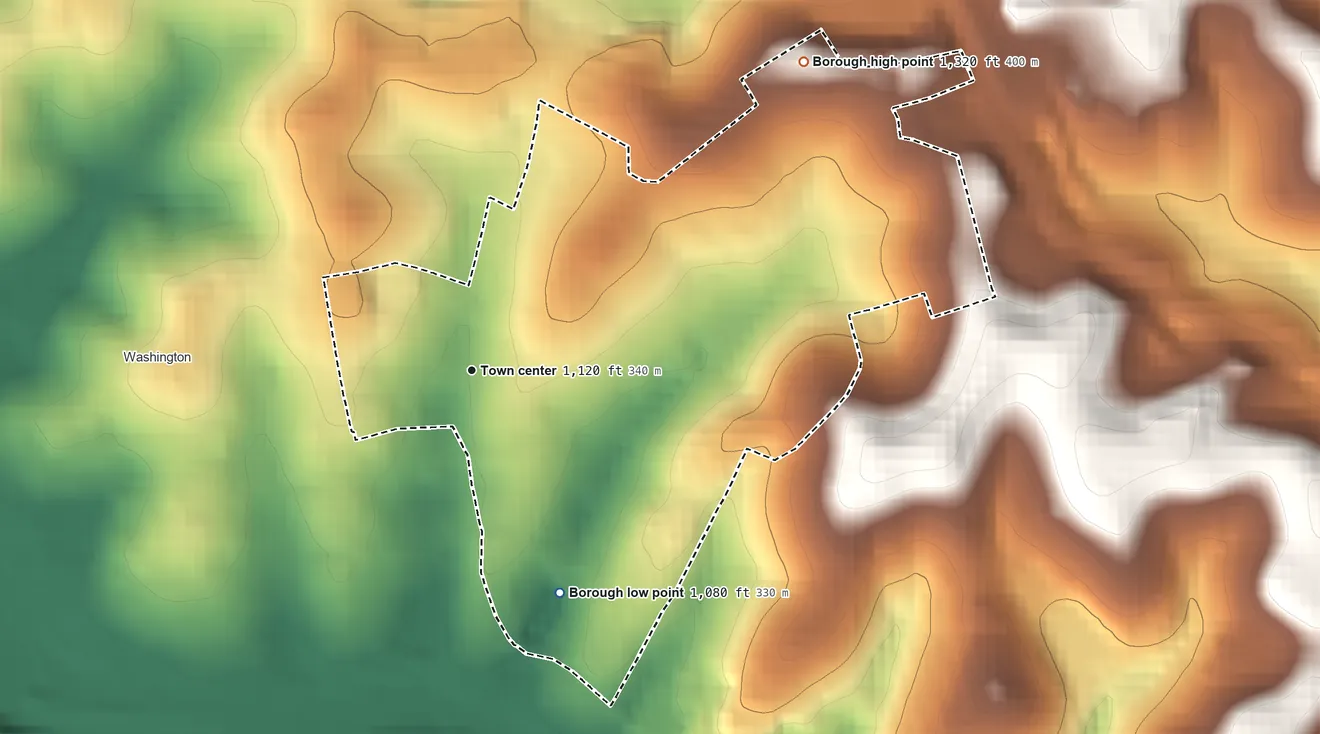 Topographic elevation map of East Washington, Pennsylvania, shaded from 1,080 ft on the south side to 1,320 ft on the northeast side